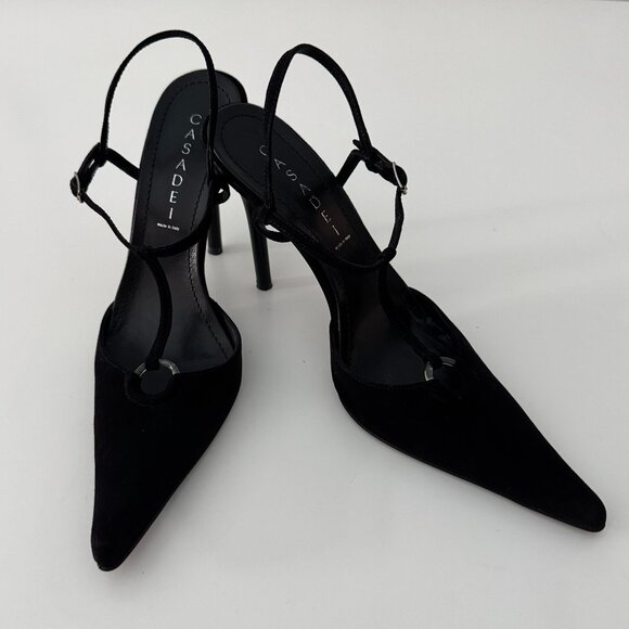 Casadei Black Suede Pointy Toe T-strap Pumps New, Size 9 - Picture 1 of 17